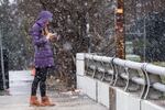 Bridget Step checks her messages while out to watch the snow fall in Atlanta as a winter storm rolls into the area Sunday, Jan. 16, 2022. (AP Photo/Ben Gray)