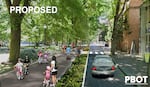 A rendering says "Proposed" and shows a tree-lined park with a wide trail filled with bikes and pedestrians, with only one lane of vehicle traffic and no parking.
