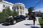 The motorcade of President Donald Trump departs the White House en route to the National Archives to greet China's President Xi Jinping and his wife Peng Liyuan, Friday, Sept. 25, 2026, in Washington.
