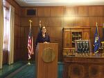 Oregon Governor Kate Brown announces details of her 2017-19 budget proposal during a press conference at the state capitol.
