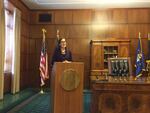 Oregon Governor Kate Brown announces details of her 2017-19 budget proposal during a press conference at the state capitol.