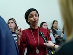 Rep. Ilhan Omar, Democrat of Minnesota, speaks to reporters in the hallway outside a House Committee on Education and the Workforce hearing "Columbia in Crisis: Columbia University's Response to Anti Semitism" on April 17, 2024.