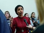 Rep. Ilhan Omar, Democrat of Minnesota, speaks to reporters in the hallway outside a House Committee on Education and the Workforce hearing "Columbia in Crisis: Columbia University's Response to Anti Semitism" on April 17, 2024.