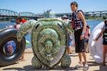 Jeremiah Peone, recent transplant to Portland, Ore. with his turtle float. 