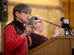 Kansas Gov. Laura Kelly speaks about the necessity to expand Medicaid in the state during a rally on March 6 in Topeka. Kelly on Friday vetoed a proposed ban on gender-affirming care for minors.