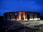 Tealights light the path to the replica Stonehenge, minutes before Maryhill Museum’s first official sunrise summer solstice ceremony is set to begin on June 21, 2025.