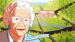 Illustration of Dorothy English with a house on divided parcels of land in the background. The parcels are split by deep ravines.