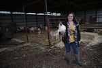 Sarah Ballini-Ross stands for a portrait with Bruce, one of her roosters, at Rossallini Farms in Scio, Ore., Friday, Dec. 9, 2022. Ballini-Ross lives downstream from a proposed industrial chicken ranch on Thomas Creek.