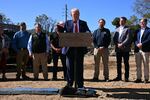 Former President Trump speaks to the media in Swannanoa, North Carolina, on Monday after observing cleanup efforts in the aftermath of Hurricane Helene.