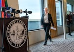 Gov. Tina Kotek approaches the podium at a press conference in Portland, where a 90-day state of emergency was declared to address the fentanyl crisis in the city, in January. 