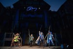 Four actors dressed as the musketeers perform on stage at the Oregon Shakespeare Festival in Ashland in 2023.