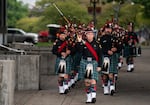 Portland Fire Fighters Pipes and Drums performs to start a ceremony to commemorate the Sept. 11, 2001 terrorist attacks, at Waterfront Park in Portland, Ore., on Sept. 11, 2026.
