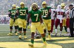 Oregon running back CJ Verdell (7) celebrates his touchdown in the first quarter of an NCAA college football game against Fresno State on Saturday, Sept. 4, 2021, in Eugene.