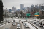 Drivers navigate an icy Interstate 5 the day have a strong storm dumped between 1 to 3 inches in the Portland area, Dec. 15, 2016