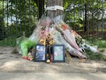 The roadside memorial to Nick Parlingayan, 22, who was struck and killed by a car while riding in a bike lane in Chicago.