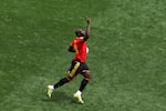 Belgium's Romelu Lukaku (9) celebrates after Egypt scored an own goal during a World Cup Group G soccer match between Belgium and Egypt in Seattle, Monday, June 15, 2026.