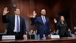 Harmeet Dhillon, far right, is sworn in during her confirmation hearing before the Senate Judiciary Committee in February 2025 in Washington, D.C.