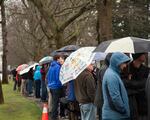 People waited in the rain for hours ahead of Bernie Sanders' campaign event in Vancouver, Washington.