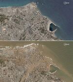 A combination image of satellite photos shows an area before and after a powerful storm and floods hit the country, in Derna, Libya, on Sept. 2 (top) and Sept. 12.