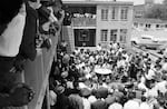 Birmingham Civil Rights protesters hold a news conference in the courtyard of the AG Gaston Motel in the Spring of 1963.