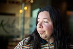 Tēh Sanchez, co-owner of Turtle Island Coffee Shop in Bend, Ore., on Jun. 7, 2024. Sanchez is a member of the Pit River Nation's Madesi band.