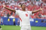 England's Jude Bellingham celebrates scoring his team's second goal during the World Cup quarterfinal match between England and Norway on Saturday in Miami Gardens, Fla.
