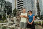 The grand opening of the South Waterfront Greenway's central section was held on Saturday, June 27 2015. Buster Simpson and Peg Butler stand beside the artwork they collaborated on which was installed at the grand opening.