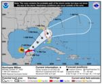 This image shows a map that depicts an early model of Hurricane Milton's path across Florida and into the Atlantic Ocean. The rough trajectory goes from Mexico's Yucatan Peninsula northeast toward Florida and then across the Florida Peninsula and eastward into the Atlantic Ocean.