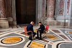 Ukraine's President Volodymyr Zelenskyy, right, and President  Trump, talk as they attend the funeral of Pope Francis in Vatican.