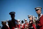 Members of the Marine Band wait for Deputy Secretary of Defense Patrick Shanahan and Acting Minister of National Defense of Afghanistan Lieutenant General Tariq Shah Bahrami to participate in an honor cordon outside the Pentagon on Nov. 20, 2017 in Washington, D.C.