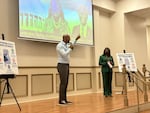 Democratic Reps. Shomari Figures, left, and Terri Sewell host a community event for voters at the Beulah Primitive Baptist Church in Lowndes County, Ala., on