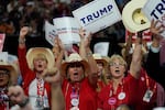 Texas delegates react during the Republican National Convention, Monday, July 15, 2024, in Milwaukee.