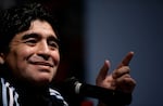 Argentina's soccer coach Diego Maradona gestures during a press conference in Buenos Aires, Friday, Jan. 16, 2009. (AP Photo/Natacha Pisarenko)