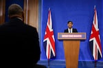 British Prime Minister Rishi Sunak speaks during a press conference in London on Monday regarding a treaty between Britain and Rwanda to transfer asylum-seekers to the African country.