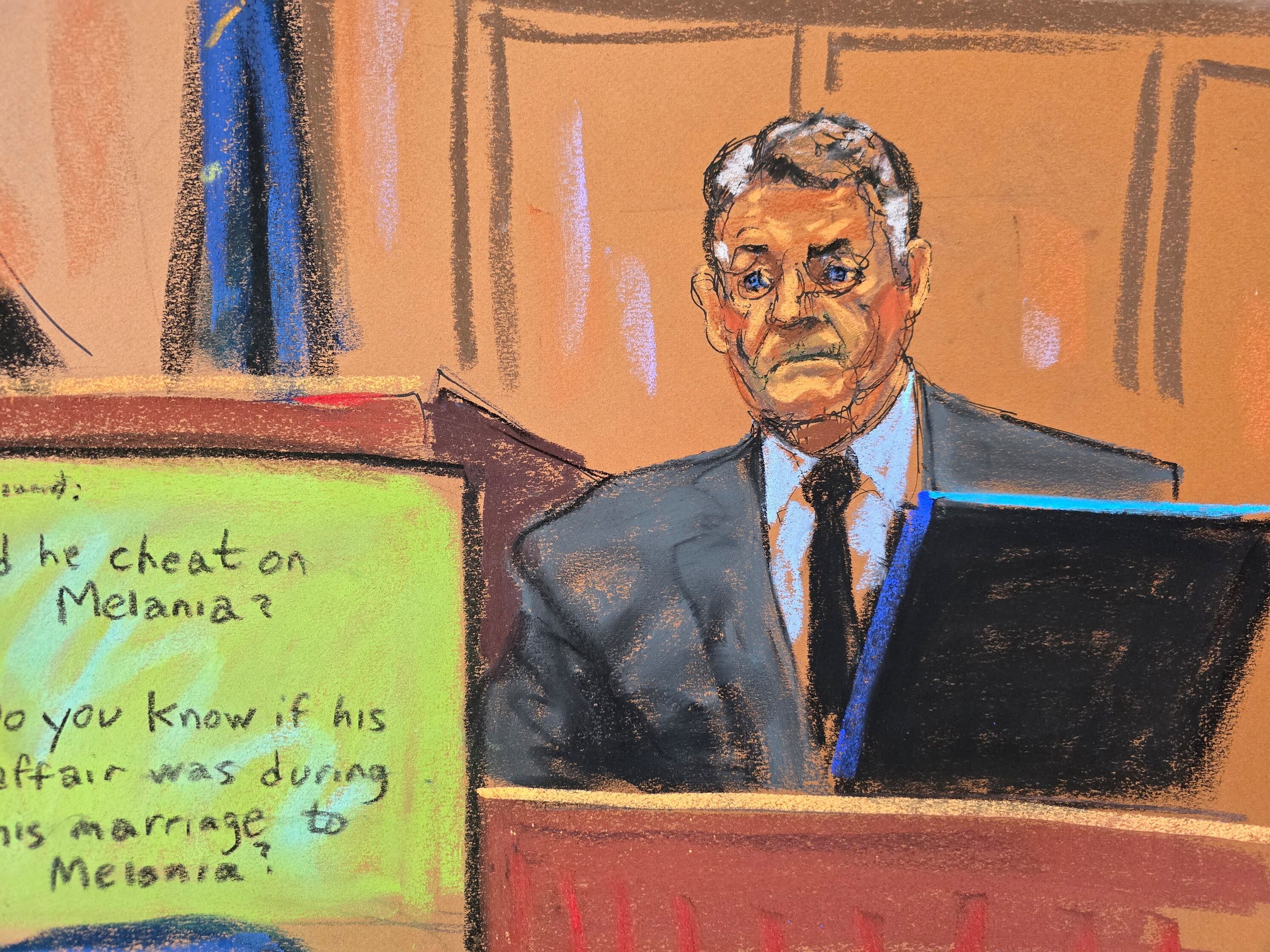 Lawyer Keith Davidson, who represented former Playboy model Karen McDougal, testified during Trump's criminal trial on charges that he falsified business records in Manhattan state court in New York City, U.S. April 30 in this courtroom sketch.