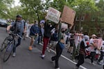 Pro-Palestinian protesters march on George Washington University's campus in Washington, D.C. on May 9, 2024.