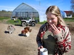 Two turkeys follow North Unit Irrigation District farmer Cate Havstad-Casad around at her family's farm near Madras on May 11, 2022.