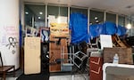 Barricades inside the occupied Branford Price Millar Library at Portland State University, April 30, 2024. Demonstrators protesting the war in Gaza have occupied the library since Monday evening.