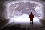 A pedestrian makes their way though a tunnel along the snow-covered Monon Trail in Carmel, Ind., Monday, Jan. 6, 2025.
