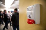 A hand sanitizing station is pictured at the Moda Center in Portland, Ore., Saturday, March 9, 2020.