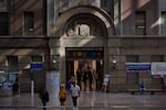 People walking in the lobby of Bellevue Hospital in Manhattan.