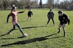 Lavender League plays in a recent scrimmage at a Southeast Portland park. Jan. 26, 2025.