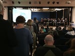 Portlanders line up to ask environmental officials questions about air toxics at a meeting at the Harriet Tubman Middle School building in February 2016.