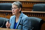 Speaker of the House Laurie Jinkins, D-Tacoma, speaks during a legislative session preview at the Capitol Thursday, Jan. 9, 2025, in Olympia, Wash.