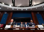 Deputy Director of Naval Intelligence Scott Bray, left, and Under Secretary of Defense for Intelligence and Security Ronald Moultrie speak Tuesday during a House Intelligence, Counterterrorism, Counterintelligence, and Counterproliferation Subcommittee hearing on "Unidentified Aerial Phenomena" on Capitol Hill in Washington.