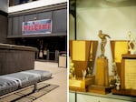 The photo on the left shows a welcome sign over the entrance to Central Senior High school. The photo on the right shows a close-up of several gold-colored sports trophies that are in the trophy case that's in the school's lobby.