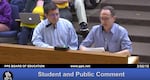 Former Portland city commissioner Steve Novick (left) listens as OHSU pediatrician Ben Hoffman lobbies for later high school start times at a Portland Public Schools board meeting, March 6, 2018.