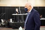 Former state Sen. Don Benton, right, stands at ad hoc courtroom for his lawsuit against Clark County on May 5, 2021. Benton and two former county employees allege wrongful termination in 2016.