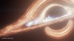 This artist’s concept shows Sagittarius A*, a supermassive black hole at the center of the Milky Way galaxy, surrounded by a swirling accretion disk of hot gas. Flaring hot spots that resemble solar flares are seen in the disk.