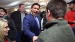Republican presidential candidate Florida Governor Ron DeSantis greets guests after speaking during the Scott County Fireside Chat at the Tanglewood Hills Pavilion in Bettendorf, Iowa.